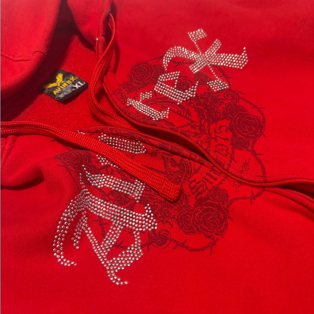 Red Avirex Hoodie with Rhinestone Lettering